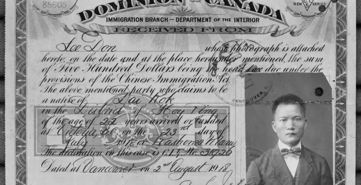 Head tax certificate of Don Lee, issued 1918, with his portrait photograph, the five-hundred-dollar receipt, and the Controller's signature