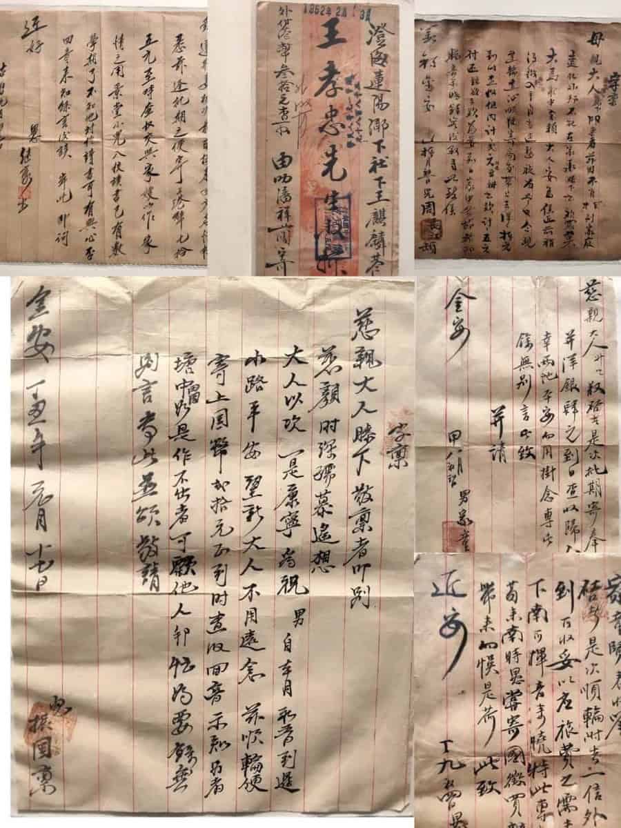 Antique Chinese letters and documents stamped with red seals — the yinxin remittance correspondence that carried money and messages home