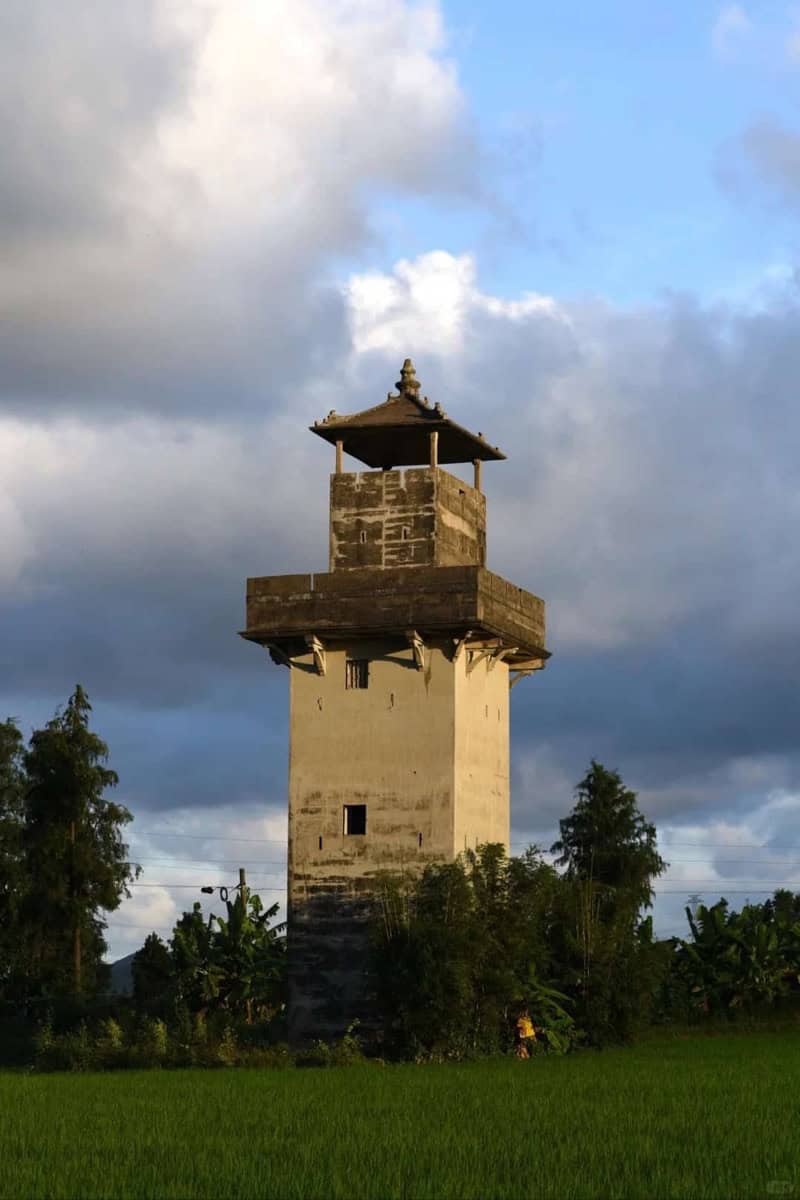 A Kaiping diaolou watchtower rising above the rural landscape — remittance-built defensive towers that shaped the Gold Mountain wives' world
