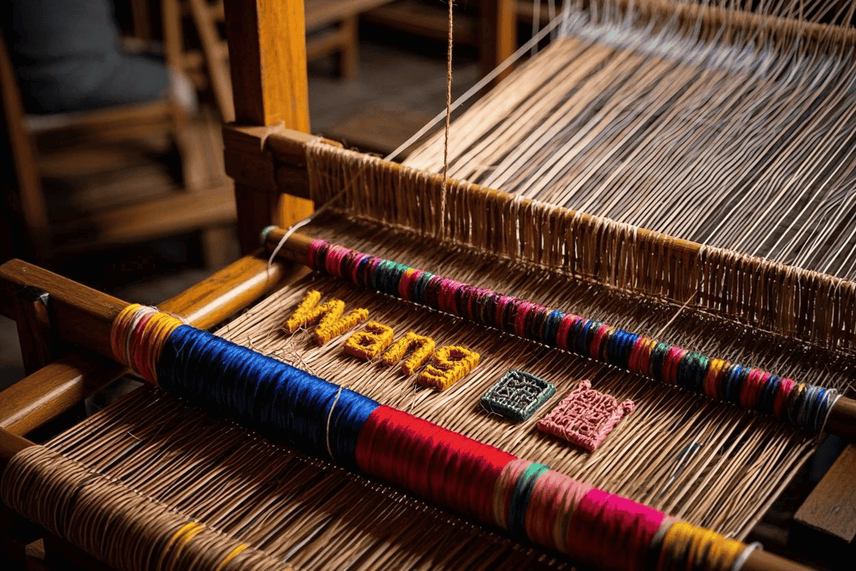 A wooden handloom with white warp threads and colorful yarns, part of a patterned fabric already woven