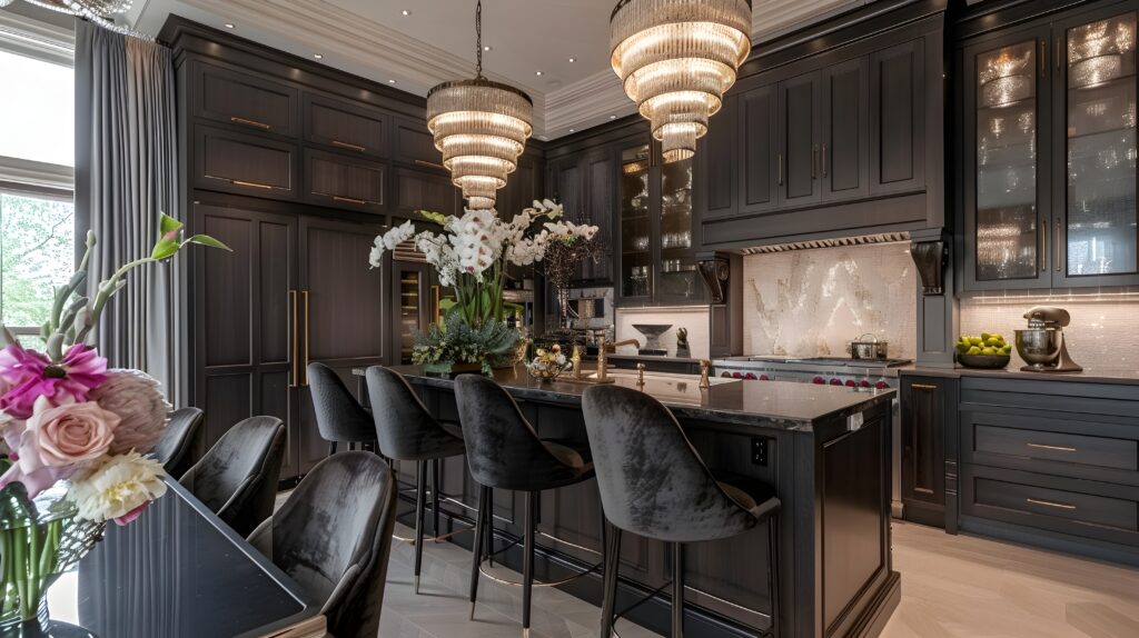 Luxurious dark kitchen with two large chandeliers and a flower arrangement.