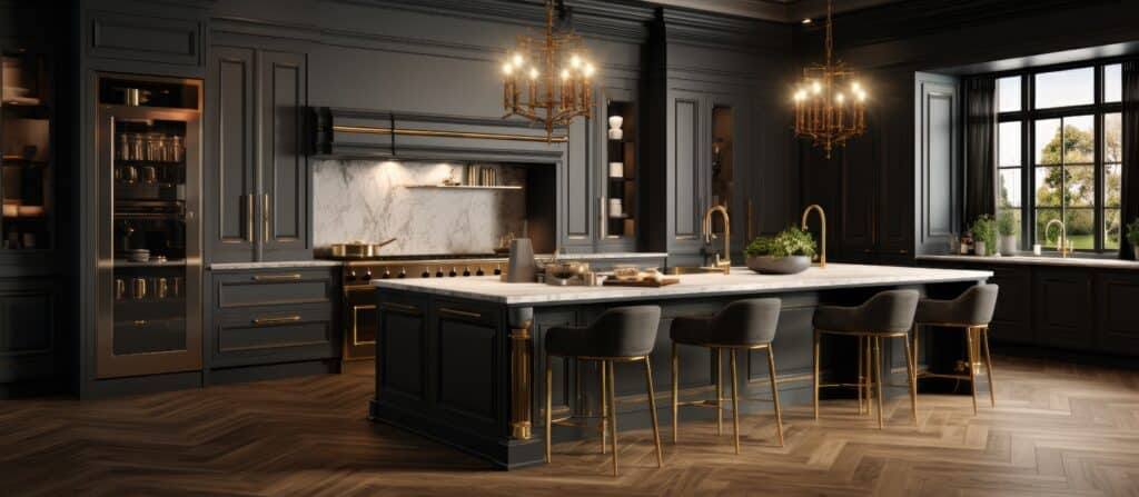 Luxury dark kitchen with marble island, gold accents, and chandeliers
