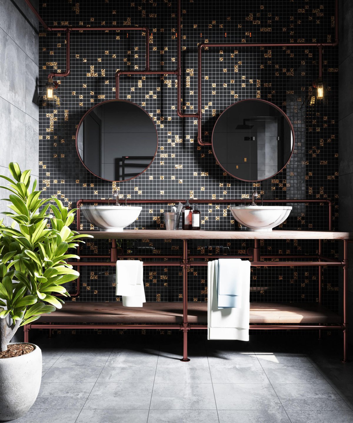 Modern bathroom with two sinks, round mirrors, and exposed copper pipes.