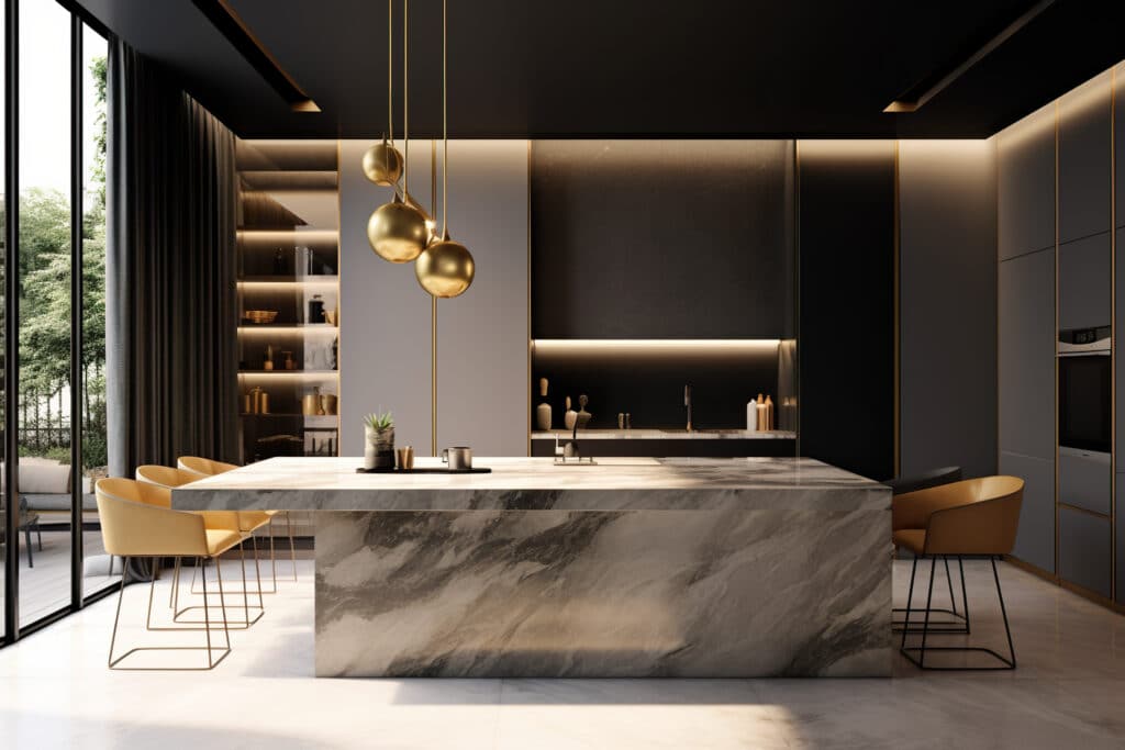 Modern kitchen with marble island, gold pendant lights, and yellow chairs.