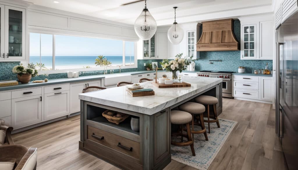 Modern kitchen with white cabinets, large island, and ocean view