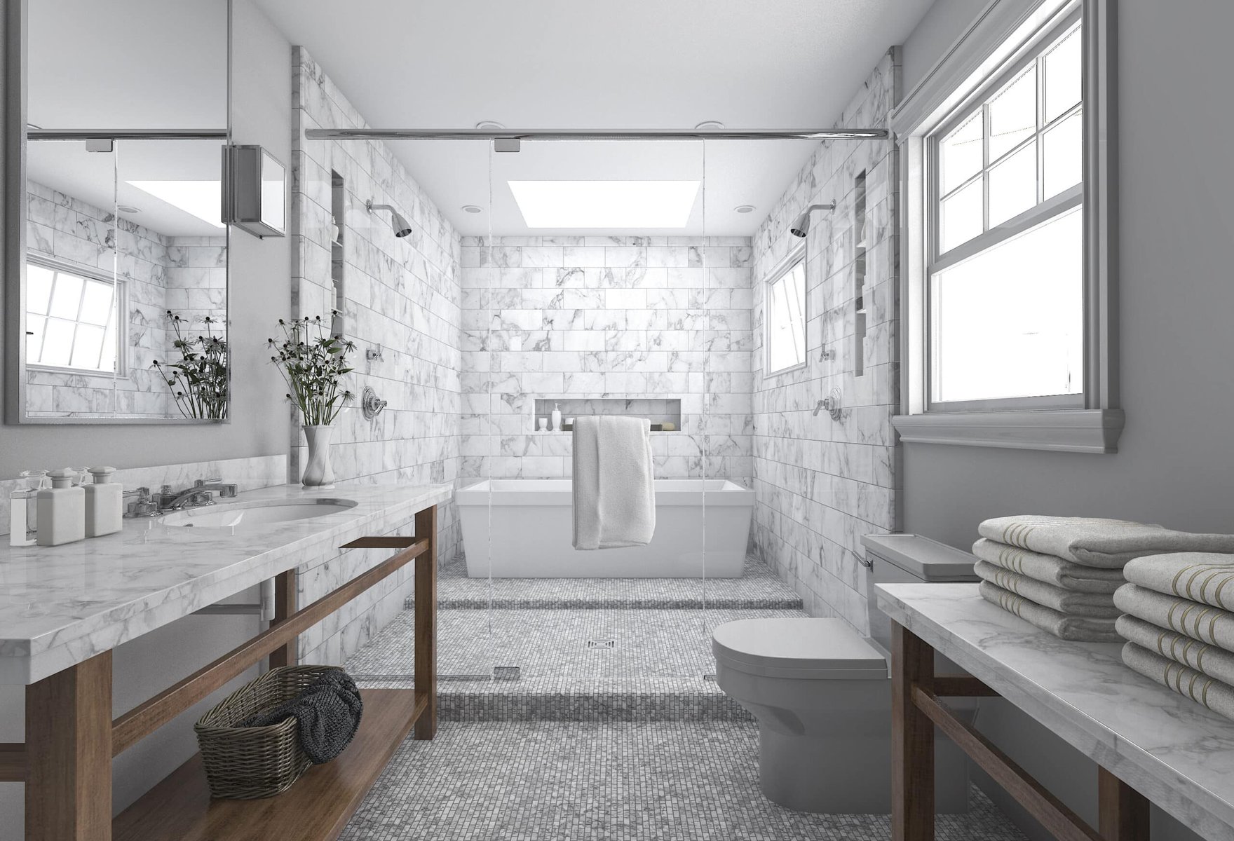 Modern bathroom with marble tiles, large tub, glass shower, and vanity.