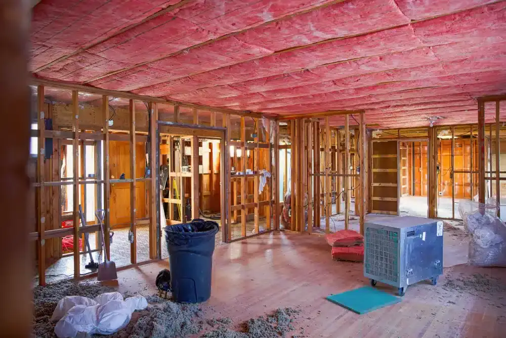 Interior of a house under construction with pink insulation and wooden studs