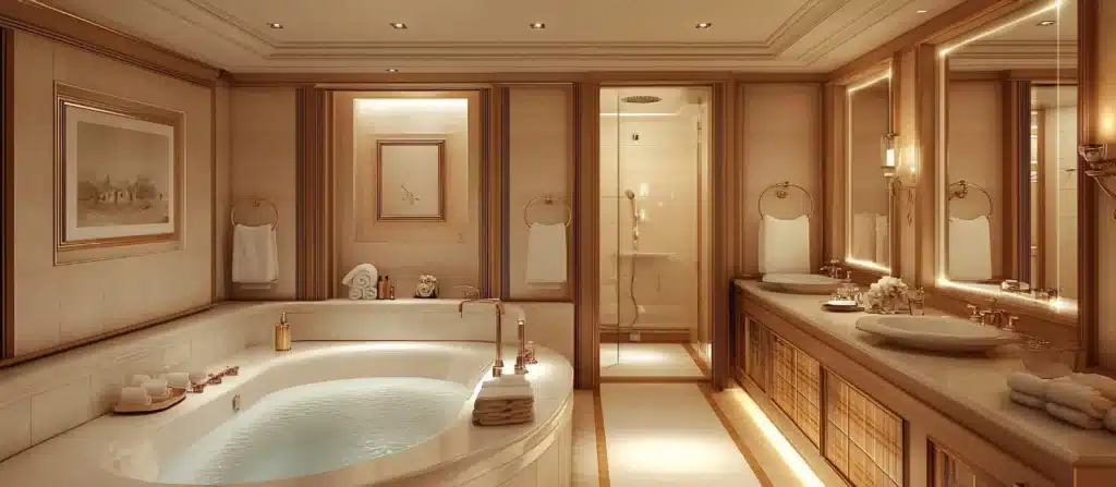 Luxurious bathroom with a large bathtub, shower, and double vanity.