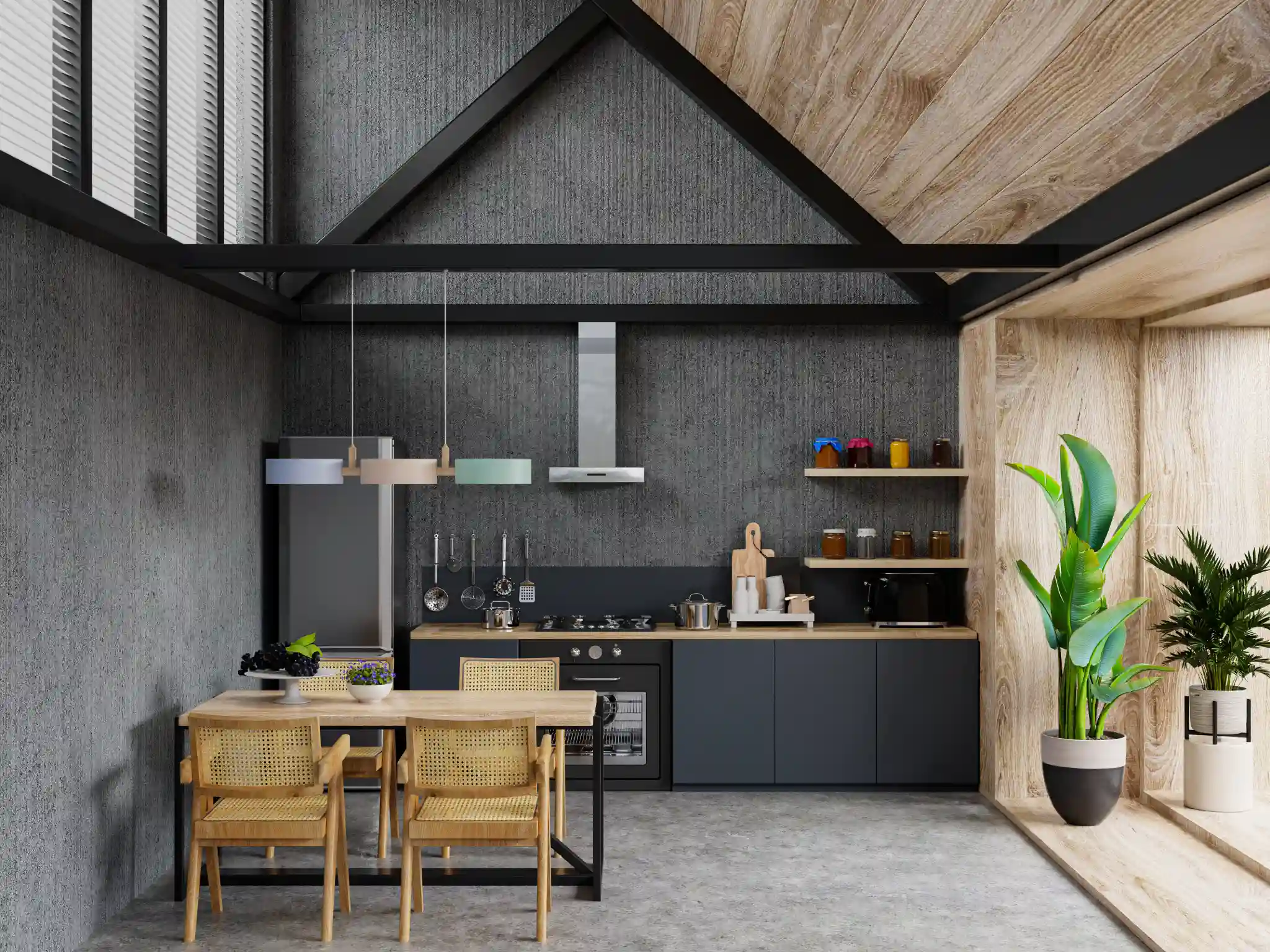 Modern kitchen with a dining table and plants