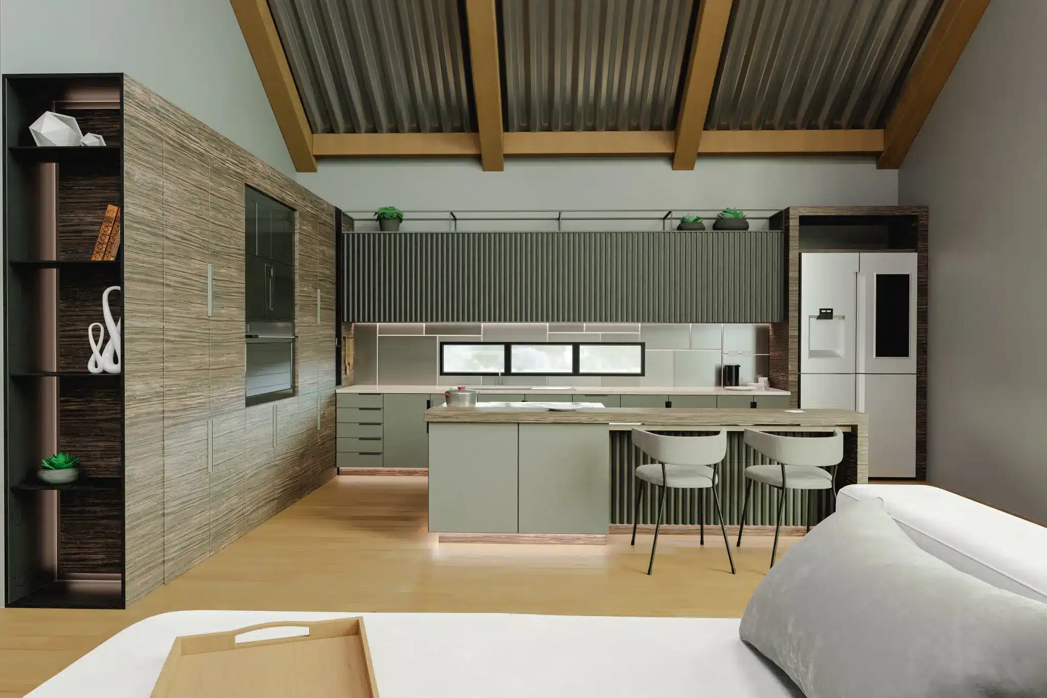 Modern kitchen and living area with light wood and grey tones.