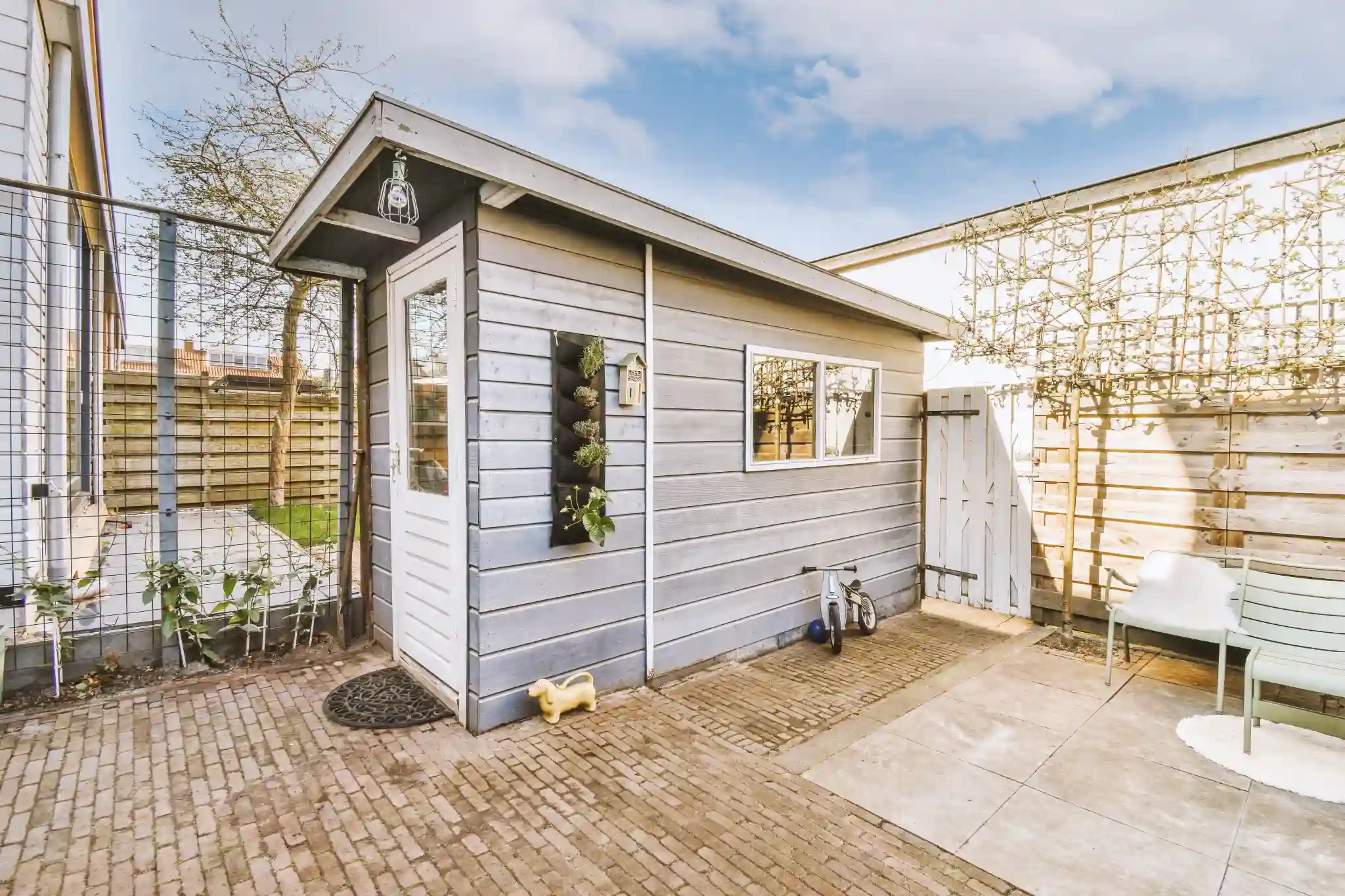 Gray wooden shed with white door and window in a backyard.