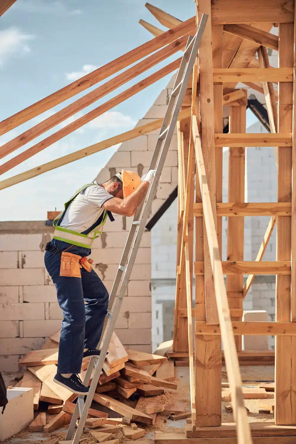 Construction worker climbing a ladder on a building site