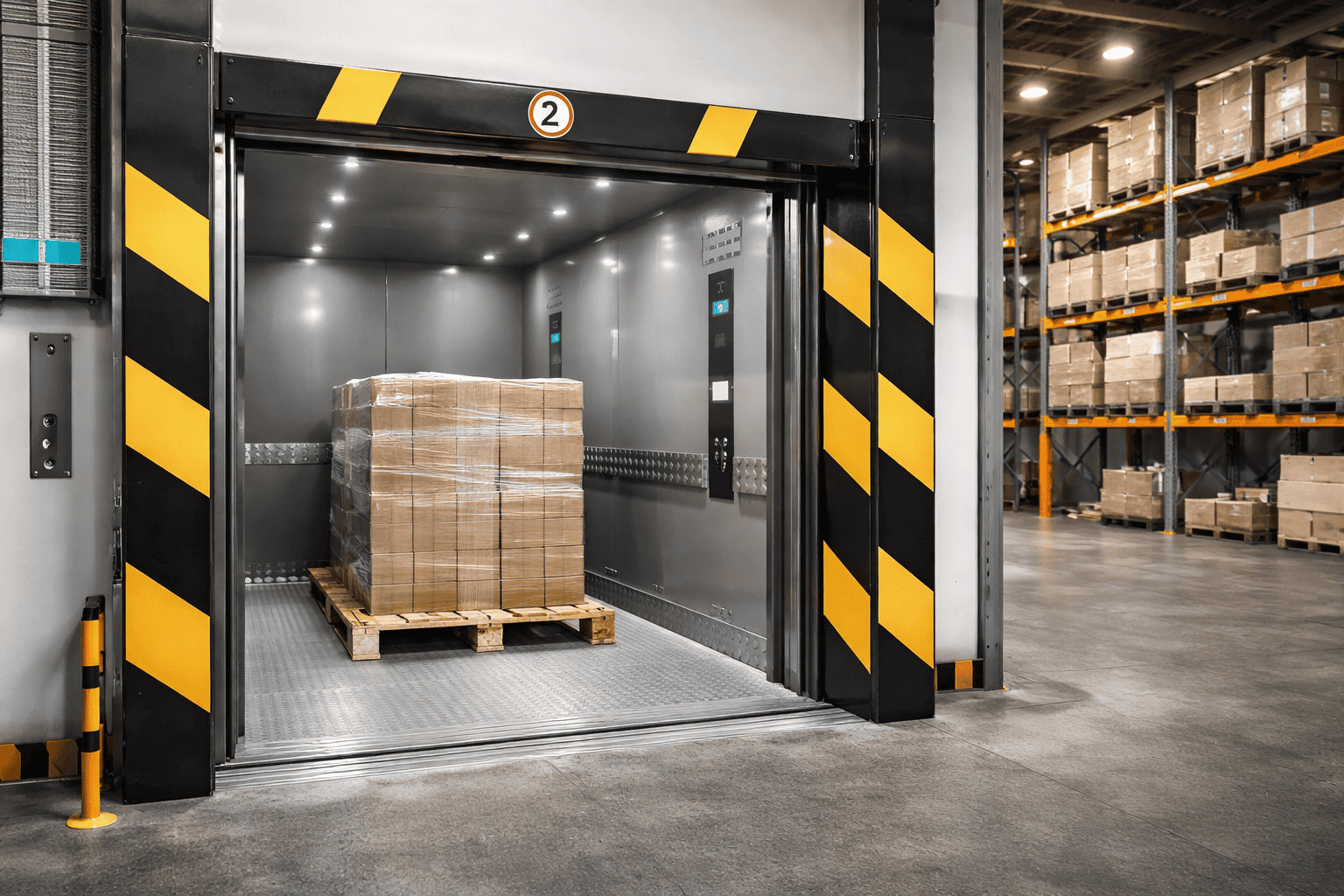 elevador de carga industrial com carga paletizada em ambiente industrial