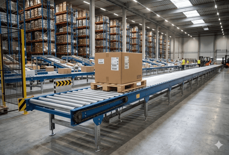 Transportador de pallets industrial movimentando cargas em centro logístico automatizado