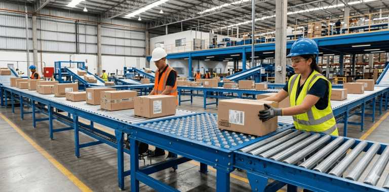 Transportador industrial com mesa de esferas movimentando caixas em linha logística automatizada