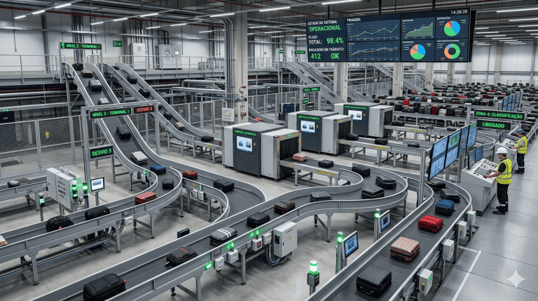 sistema de automação e controle bhs aeroporto com sensores industriais e rastreamento de bagagens