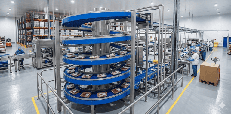 Transportador em espiral na indústria alimentícia para movimentação vertical de carnes embaladas em linha automatizada de produção.