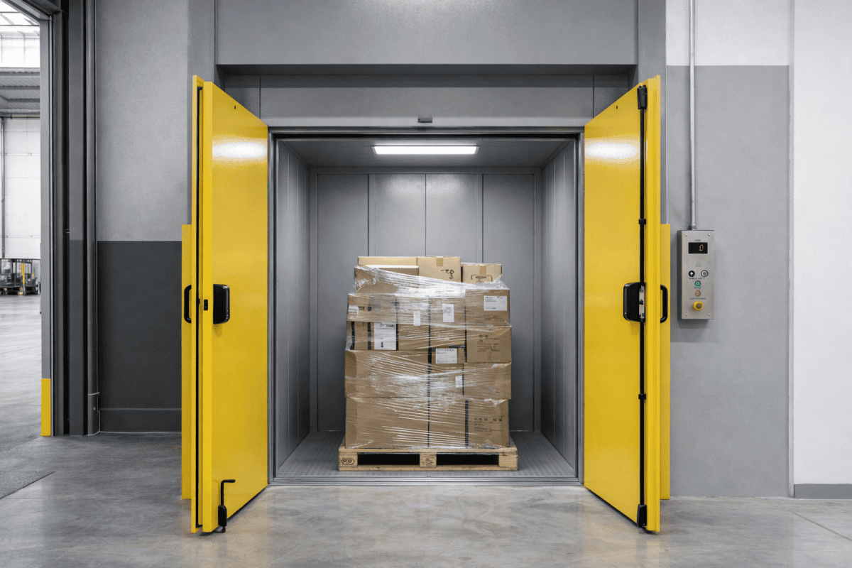 Monta carga industrial transportando palete com caixas em ambiente logístico