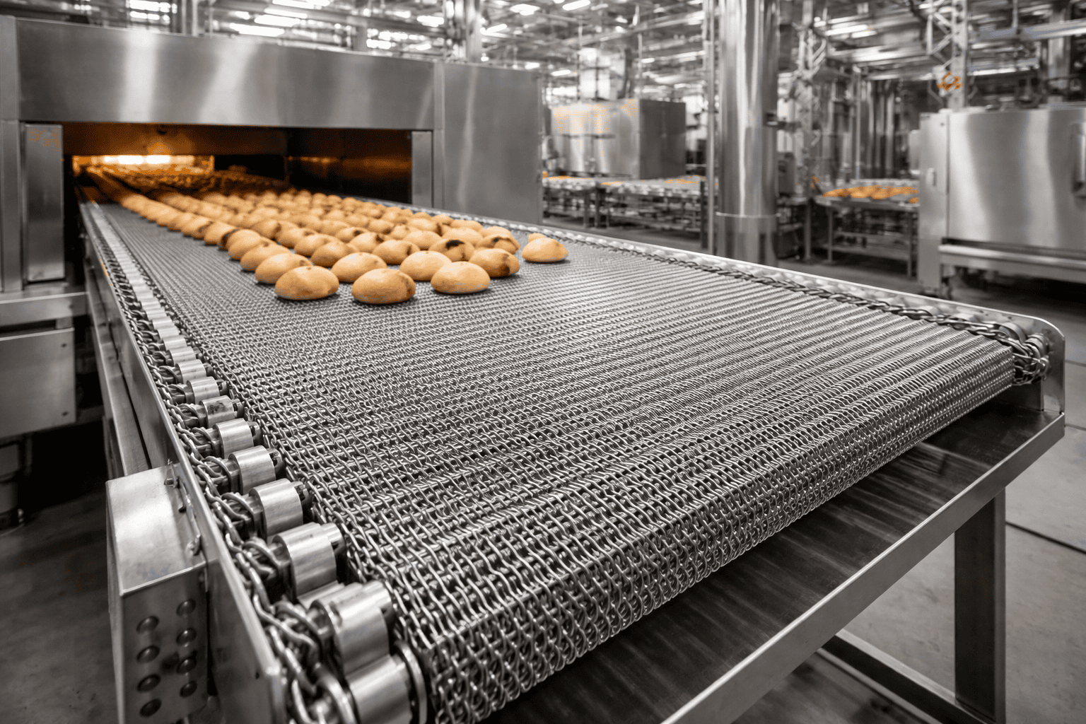 esteira balanceada em aço inox para forno industrial com transporte de alimentos em linha automatizada