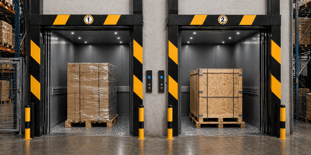 Elevador de carga com cabo de aço industrial duplo transportando pallets e carga pesada em operação logística