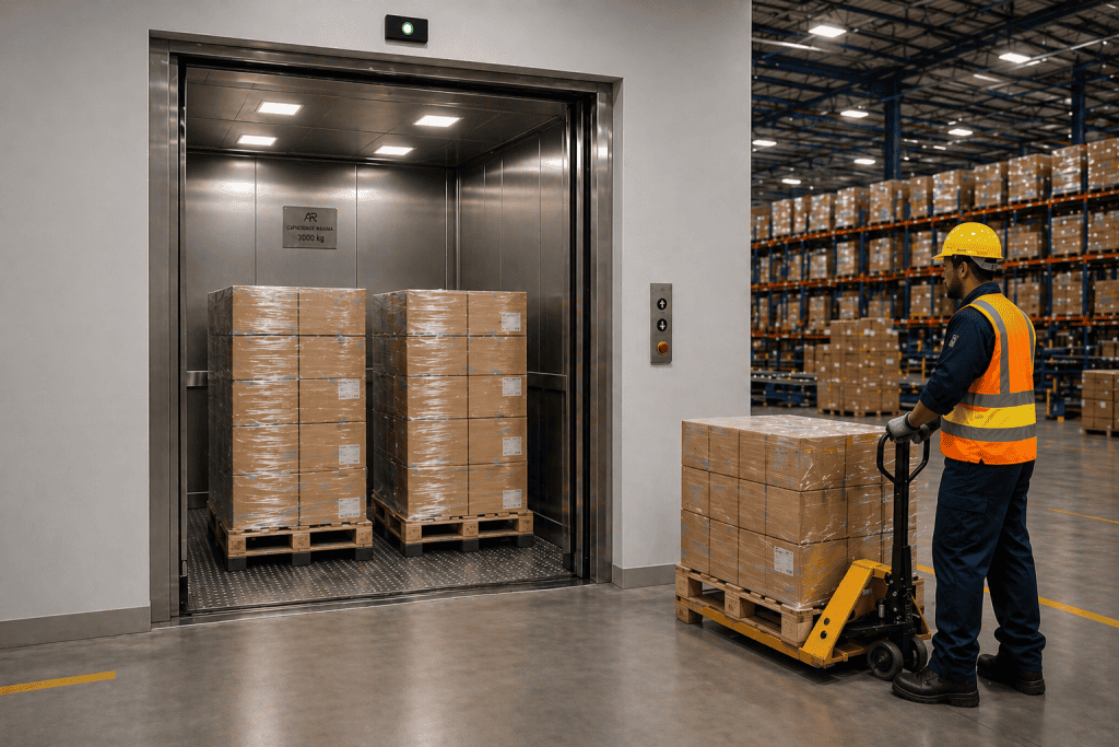Elevador de carga industrial para centro de distribuição movimentando pallets com capacidade de 3000kg em operação logística
