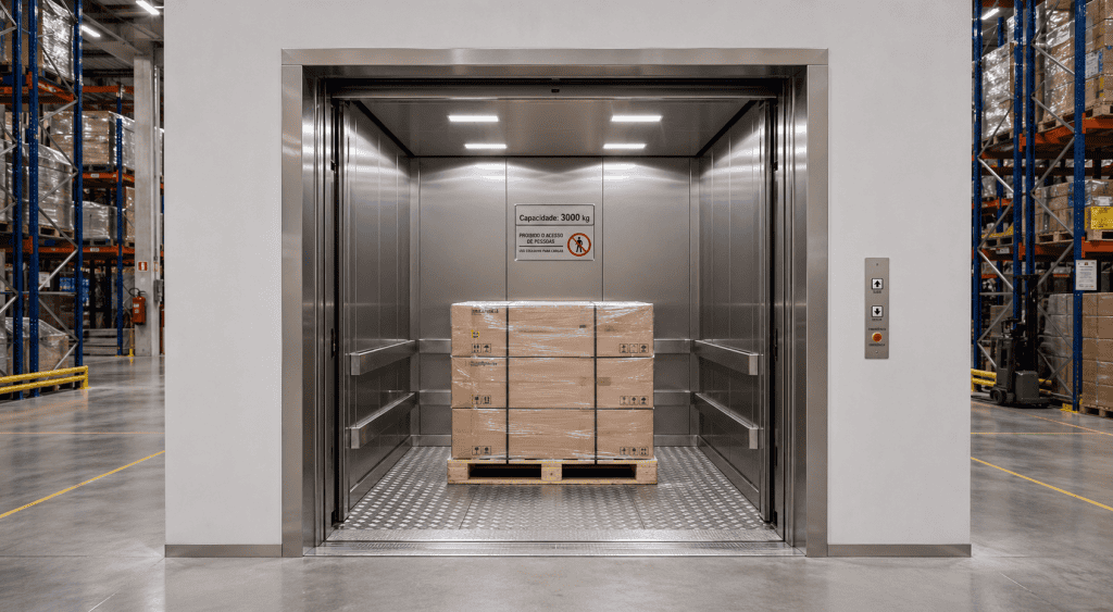 Elevador de carga industrial para centro de distribuição com capacidade de 3000 kg movimentando pallets