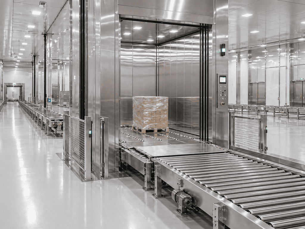 elevador de carga inox para logística integrada em área limpa com roletes acionados transportando pallet