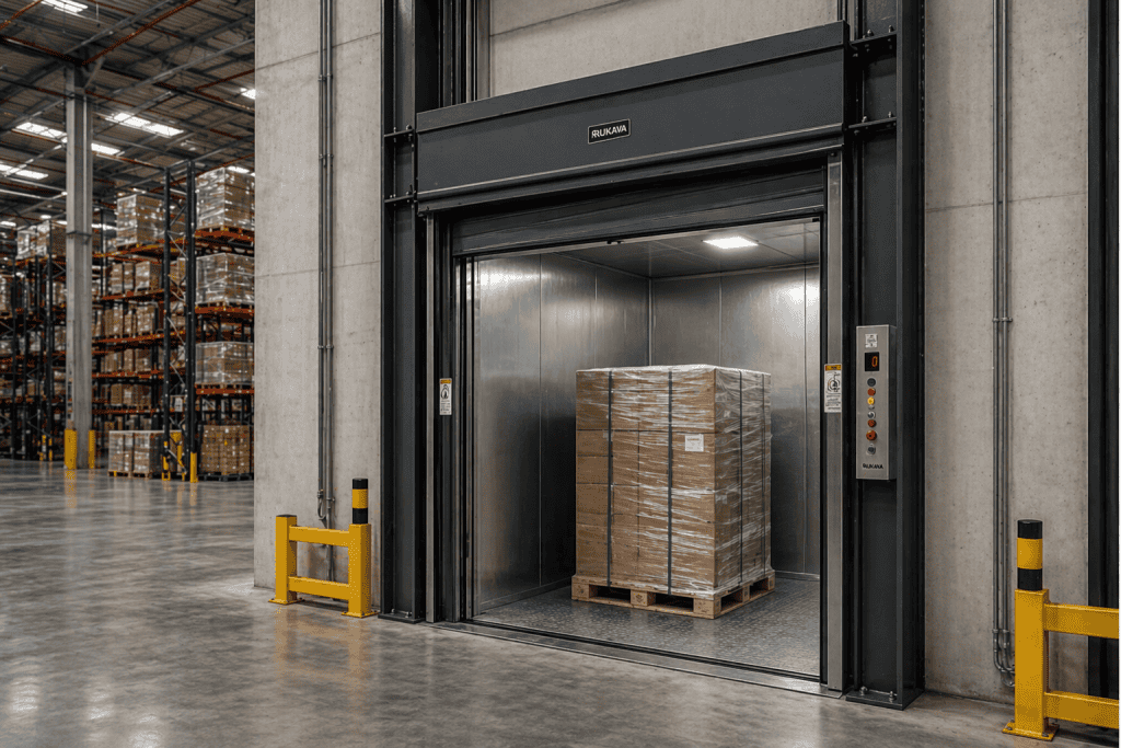 Elevador hidráulico industrial para 1 pallet instalado em centro de distribuição conforme NR12