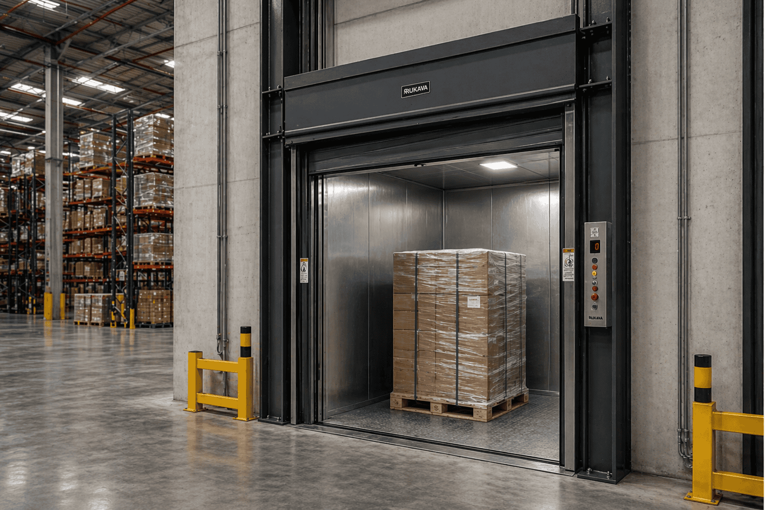 Elevador hidráulico industrial para 1 pallet instalado em centro de distribuição conforme NR12