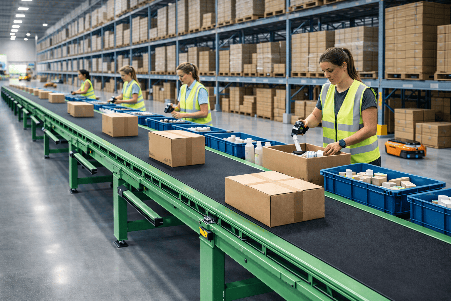 Esteira para picking com estrutura verde em centro de distribuição logístico com separação de pedidos automatizada