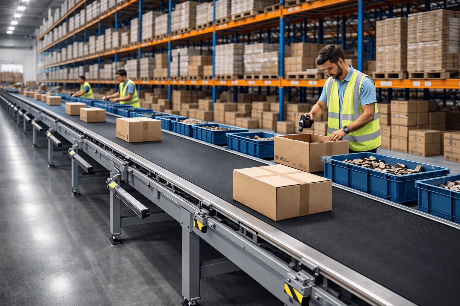 Esteira para picking em centro de distribuição logístico com separação de pedidos automatizada e operadores industriais