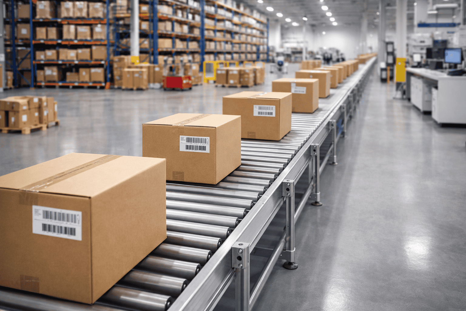 Esteira transportadora de roletes livres em centro logístico industrial para movimentação de caixas e automação de fluxo de materiais