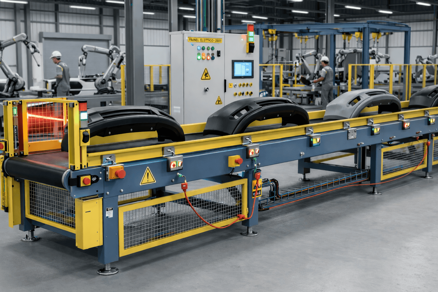 Esteira transportadora industrial em linha de produção automotiva com sistemas de segurança NR12 e NR10 e movimentação automatizada de componentes
