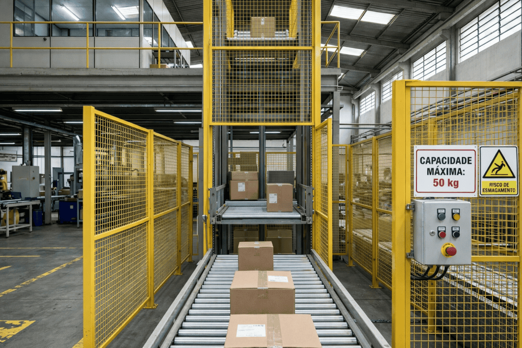 transportador vertical de carga industrial em operação
