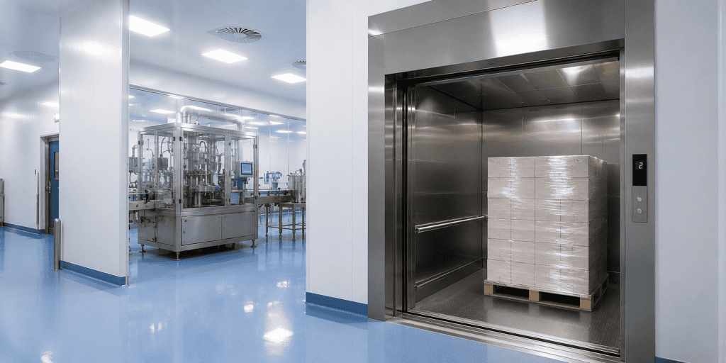 Elevador de carga para indústria farmacêutica em área limpa com estrutura inox e operação automatizada em ambiente clean room.