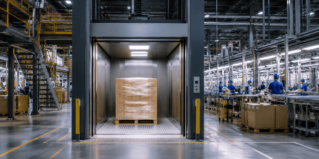 Elevador de carga para linha de produção industrial com integração automatizada de pallets