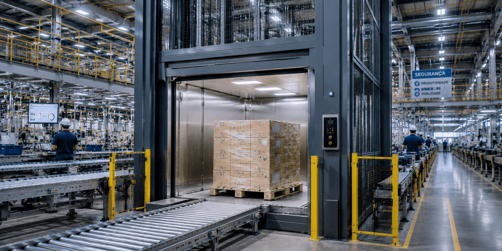 Elevador de carga para linha de produção industrial automatizada com integração logística e movimentação vertical de pallets