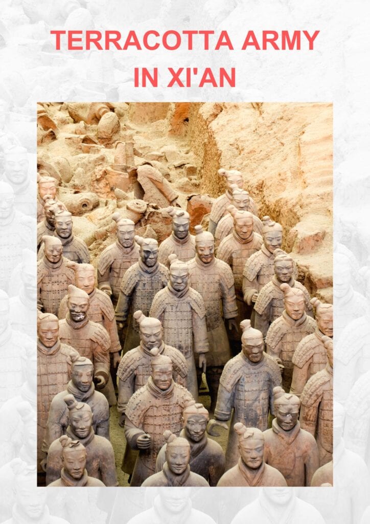 The Most Sacred Places in China "The vast Terracotta Army in Xi'an, China, showcasing rows of life-sized ancient warrior statues with distinct facial features and attire, buried with the first Emperor of China. The earthen colors and textures highlight the historical and archaeological significance.