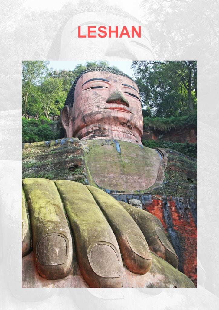 The Most Sacred Places in China Close-up of the monumental Leshan Giant Buddha, a 71-meter tall stone statue carved out of the cliff face in Sichuan, China. The Buddha's tranquil expression is detailed, with the large ears and coiled hair, overlooking the river.