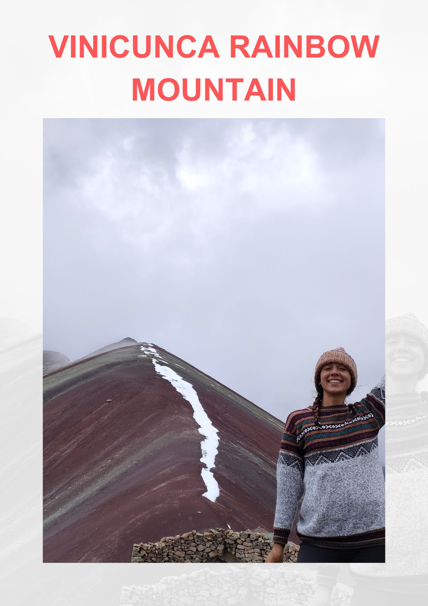 When the Mountains Called Me Home: How Peru Re-Mapped My Inner Compass Oooh over the rainbow... welcome to a sacred spaces in Peru: the Rainbow mountains.
Here is the cheerful hiker aka Giorgy in a patterned sweater and beanie stands before the striped red and tan hues of Vinicunca Rainbow Mountain, with a cloudy sky overhead.