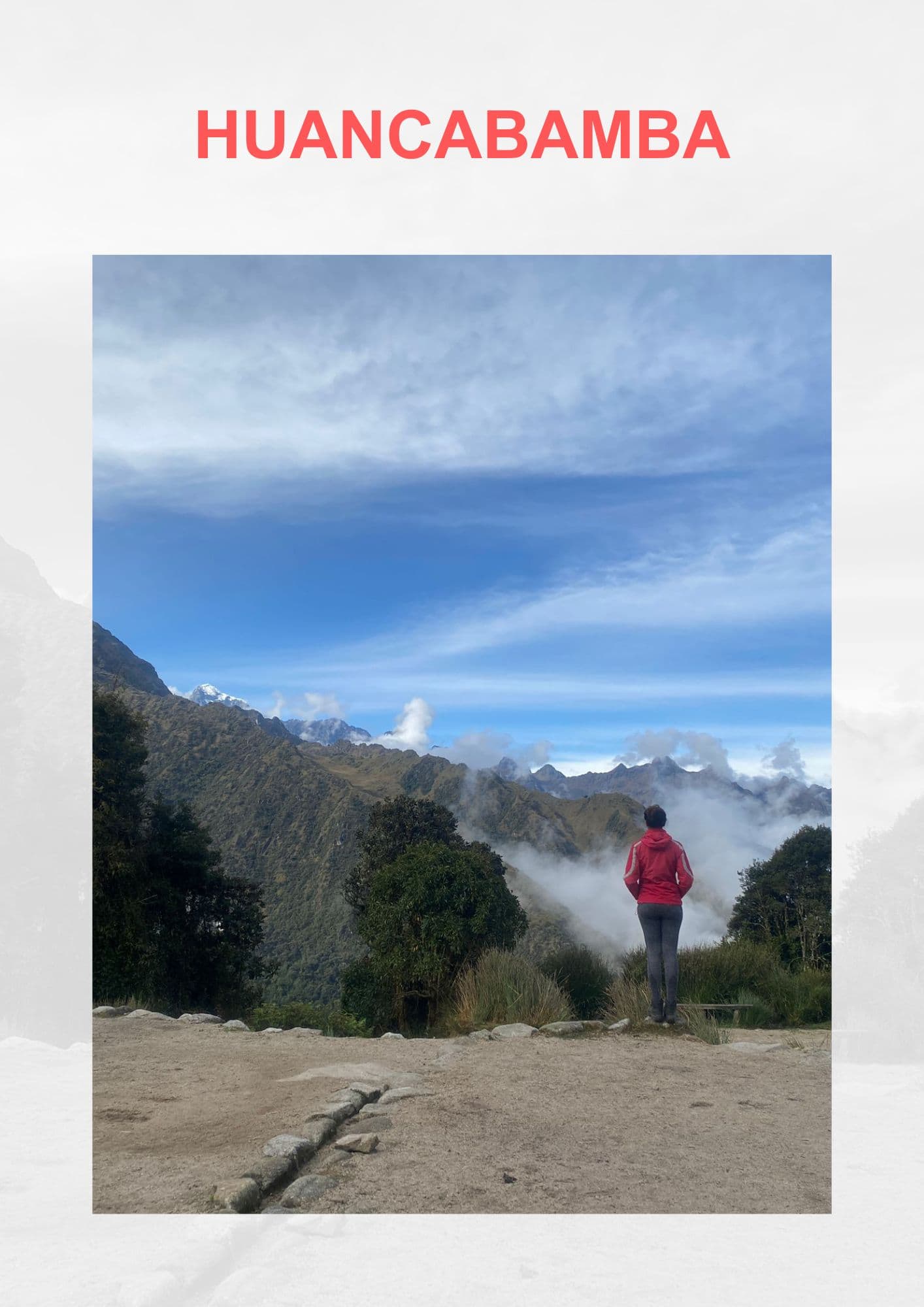 When the Mountains Called Me Home: How Peru Re-Mapped My Inner Compass A person aka Giorgy in a pink jacket stands at the edge of a mountain path, gazing into the distance at rolling clouds above lush green peaks under a blue sky. This is in Huancabamba is truly a hidden, yet spiritual places in Peru!