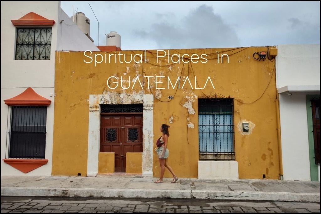 Discover Spiritual Places in the Soul of Central America A woman walks past a vibrant, weathered yellow wall with a traditional red door in Guatemala, evoking the rustic charm and spiritual heritage of the region. 'Spiritual Places in GUATEMALA' implies the blog post might discuss the country's rich cultural and historical sites.