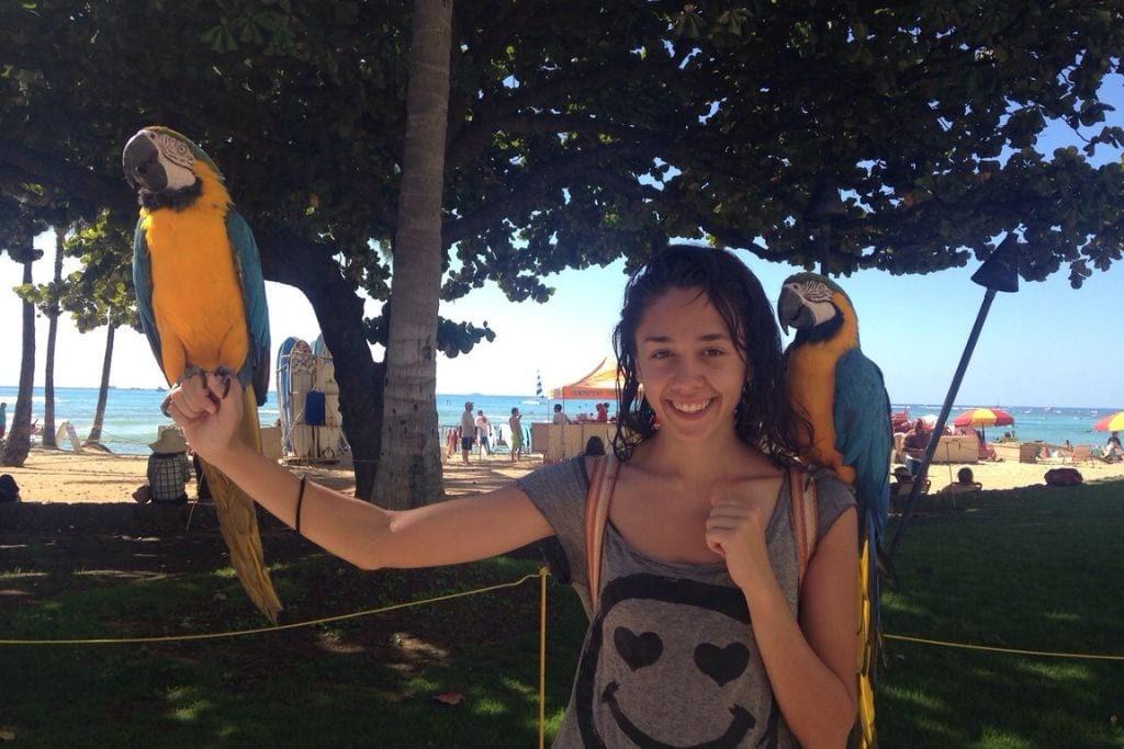 A joyful moment as Giorgy bonds with two vibrant macaws, epitomizing the human-animal connection that reflects animals that symbolize friendship.