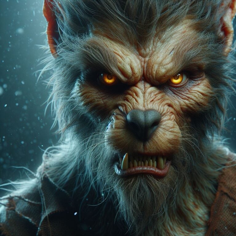 An artistic rendition of a fierce werewolf spirit guide , depicted with sharp fangs and glowing eyes, embodying the wild and untamed spirit of the creature.