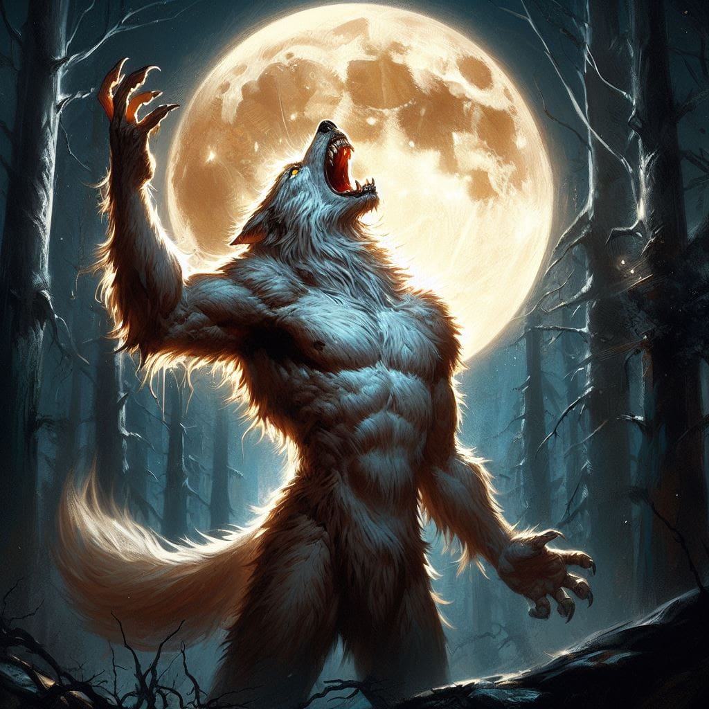 A mystical representation of a werewolf as a spirit animal, highlighting its symbolic connection to intuition and transformation