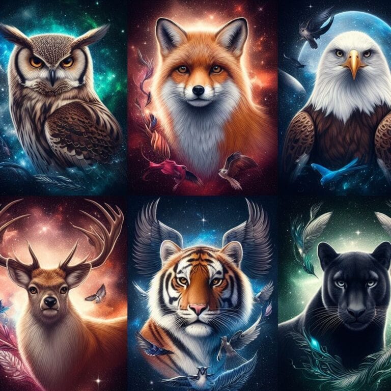 An image of various spirit animals depicted in a vibrant and intricate artistic style, including an owl, eagle, fox, and tiger, each representing different traits and characteristics in various cultures and belief systems. Image used for the Article  All the Spirit Animals.
