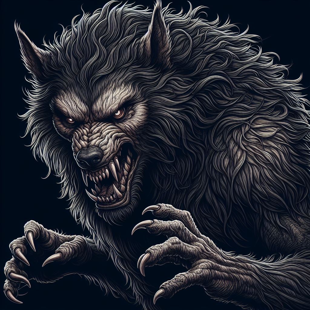  a highly detailed and menacing illustration of a werewolf. It features a werewolf with glowing red eyes and thick, unruly fur, snarling aggressively against a dark background. The artwork captures the intense and fearsome presence of the werewolf. 
