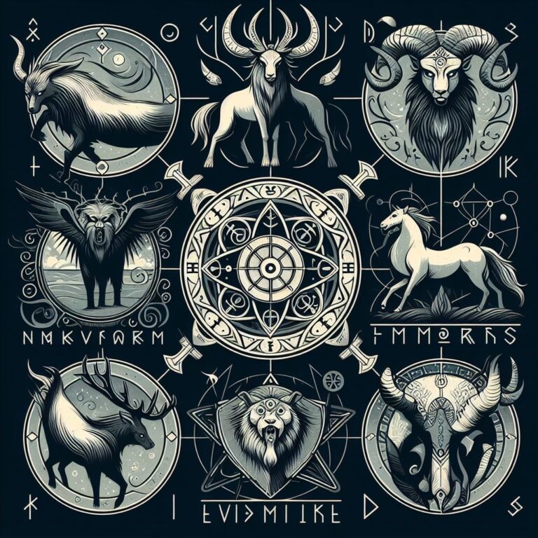An image depicting various animals from Norse mythology, including horses, ravens, and serpents, adorned with intricate Norse-inspired designs against a dark background. Image used for the article A Guide to Norse Animal Symbolism