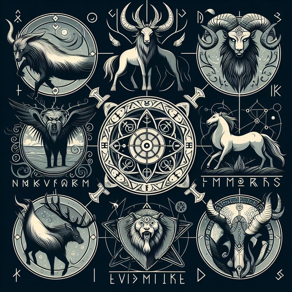 An image depicting various animals from Norse mythology, including horses, ravens, and serpents, adorned with intricate Norse-inspired designs against a dark background. Image used for the article A Guide to Norse Animal Symbolism