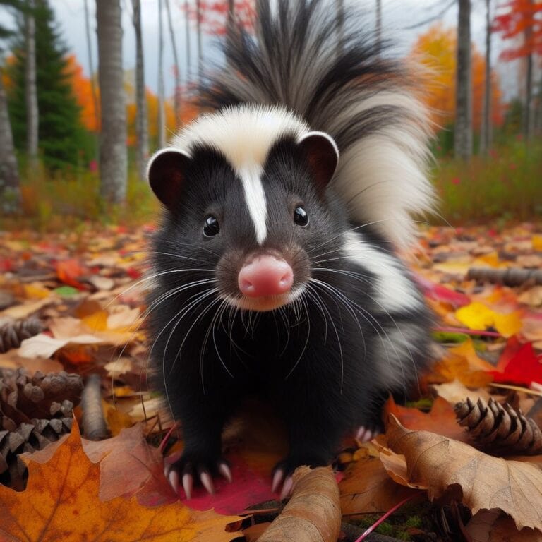 A skunk with black and white fur, standing on its hind legs with its tail raised, ready to spray. Image used for the article Skunk Spiritual Meaning and Symbolism.